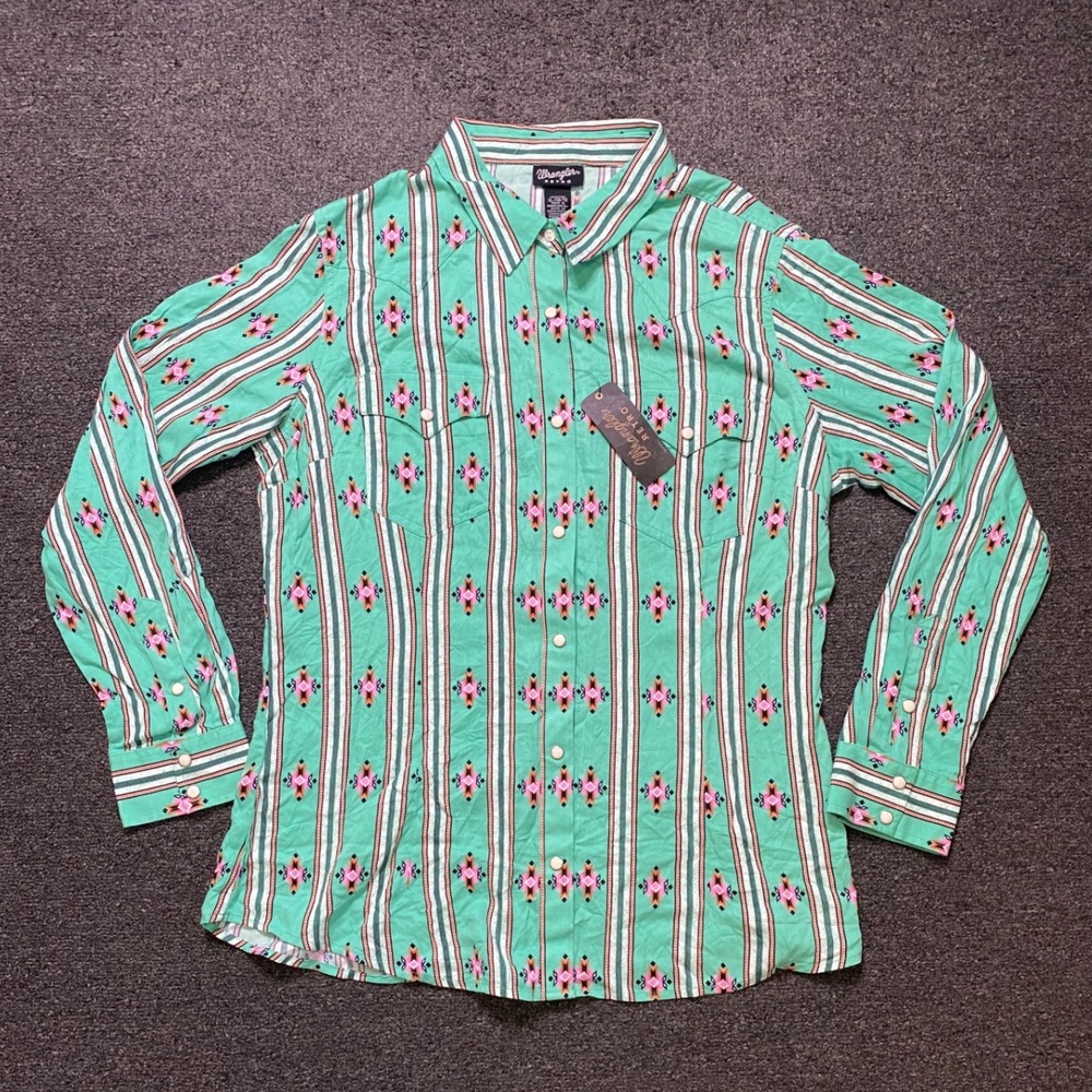 Wrangler Retro Pearl Snap Western Shirt Mint Green Womens XL Aztec Geo Rayon NEW
